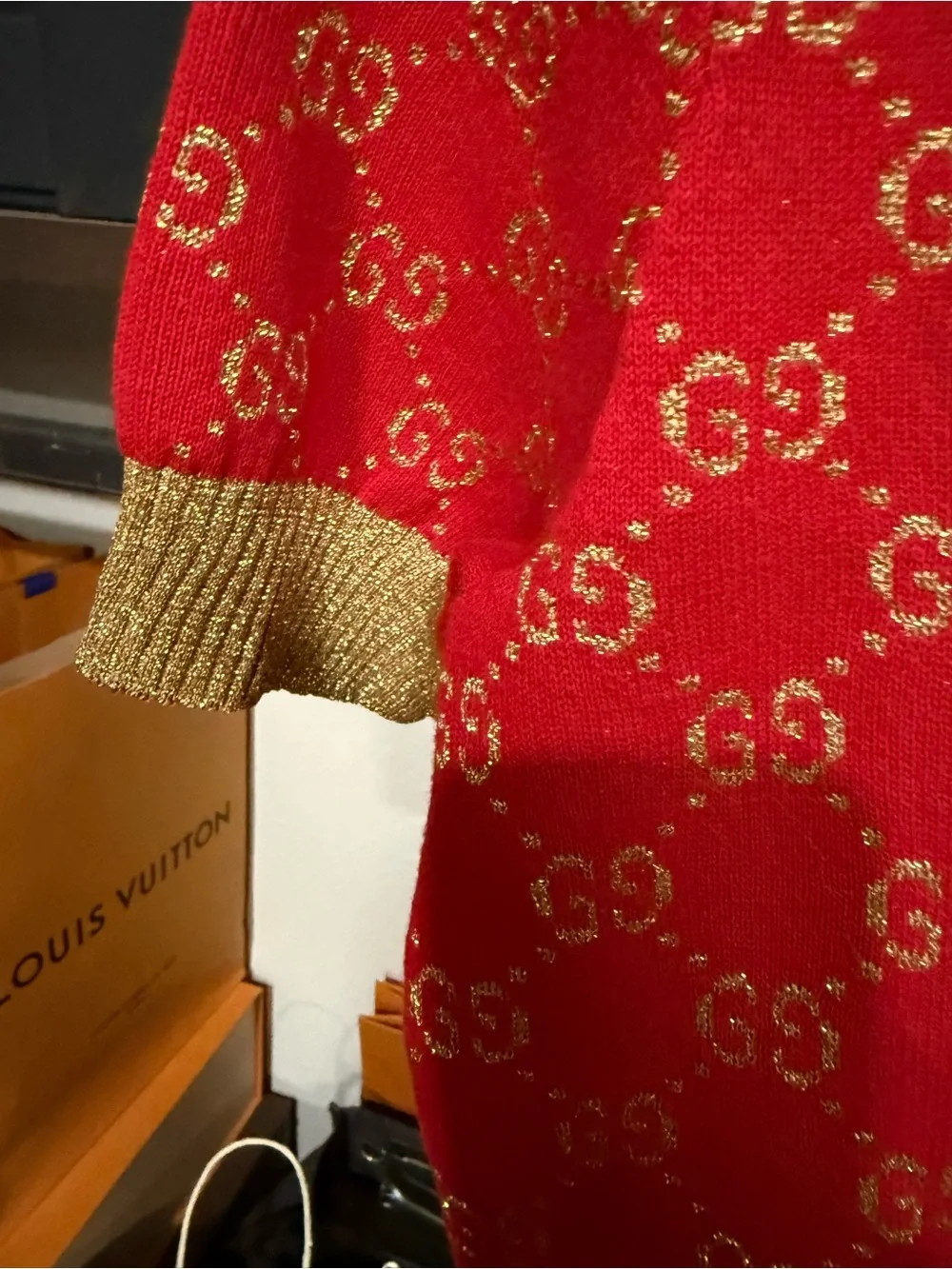 Gucci Red Short-Sleeve GG Knit Sweater with Gold Trim